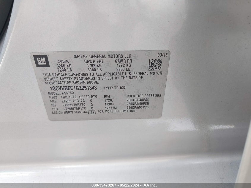 2016 Chevrolet Silverado 1500 1Lt VIN: 1GCVKREC1GZ251848 Lot: 39473267