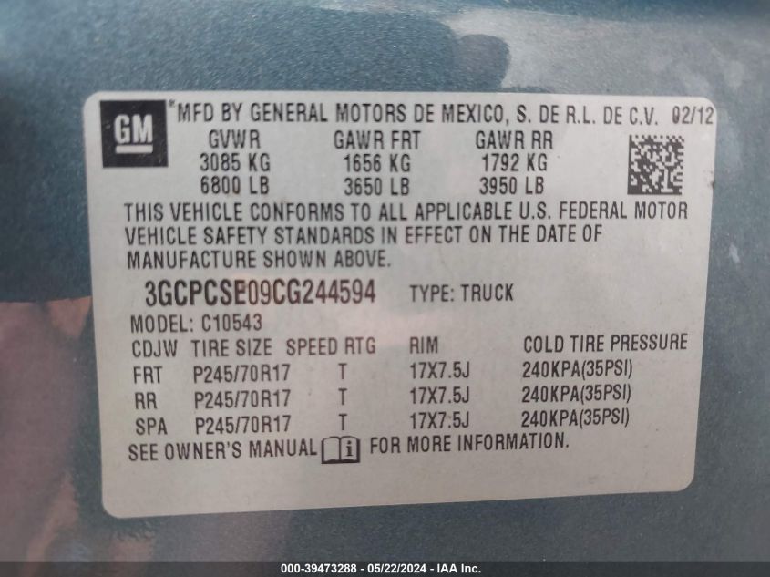 2012 Chevrolet Silverado 1500 Lt VIN: 3GCPCSE09CG244594 Lot: 39473288