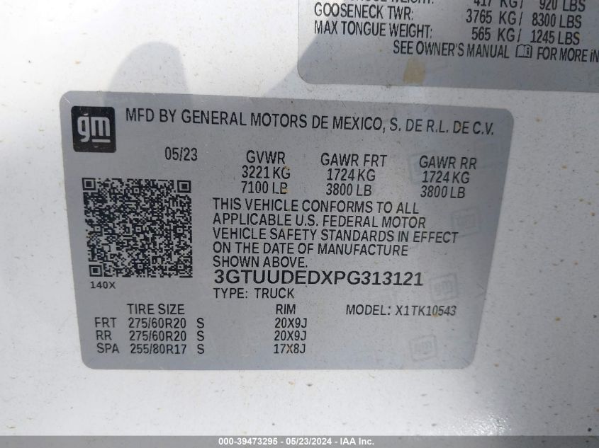2023 GMC Sierra 1500 Slt VIN: 3GTUUDEDXPG313121 Lot: 39473295
