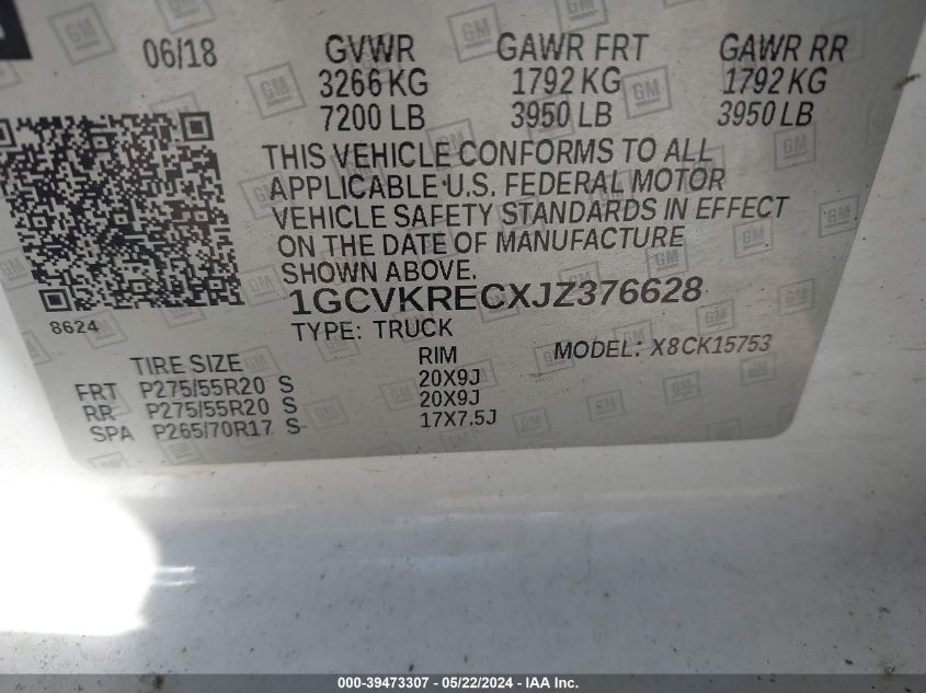 2018 Chevrolet Silverado 1500 2Lt VIN: 1GCVKRECXJZ376628 Lot: 39473307