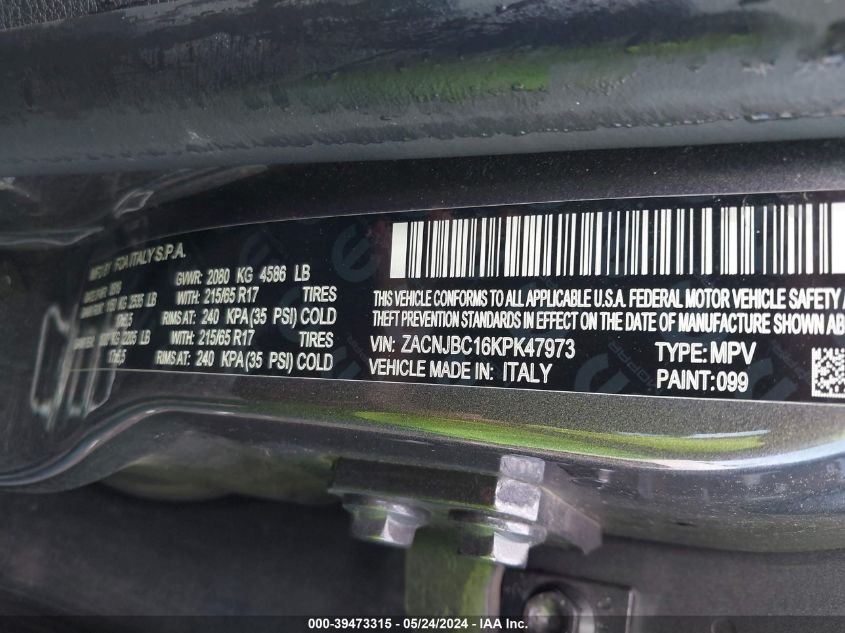 2019 Jeep Renegade Trailhawk 4X4 VIN: ZACNJBC16KPK47973 Lot: 39473315