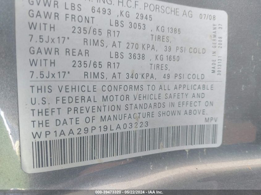 2009 Porsche Cayenne VIN: WP1AA29P19LA03223 Lot: 39473320