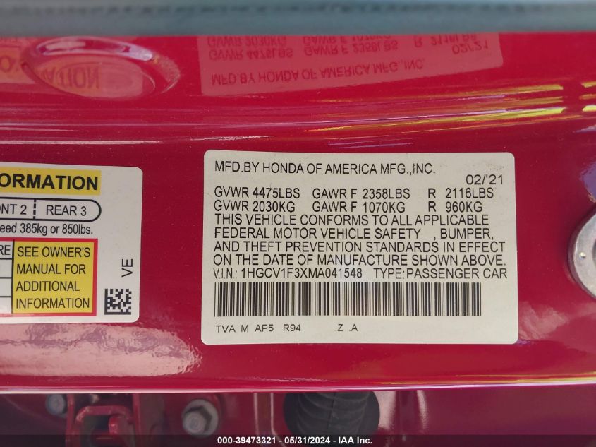 2021 Honda Accord Sport VIN: 1HGCV1F3XMA041548 Lot: 39473321