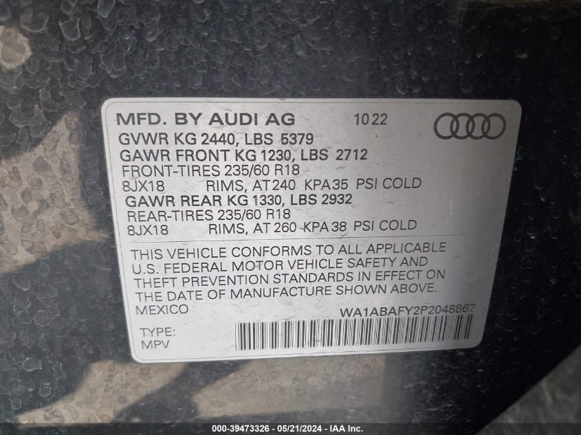 2023 Audi Q5 Premium 40 Tfsi Quattro S Tronic VIN: WA1ABAFY2P2048867 Lot: 39473326