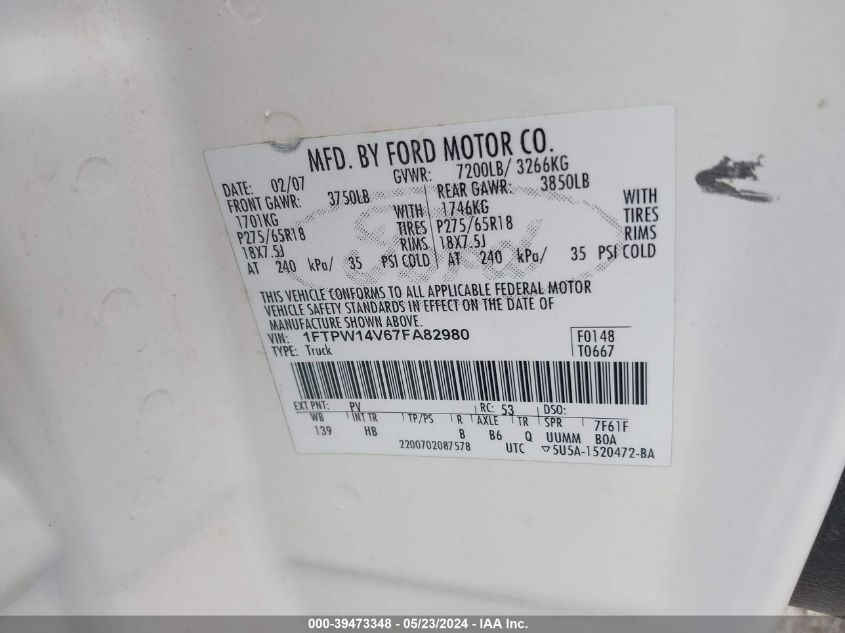 2007 Ford F-150 Fx4/Lariat/Xlt VIN: 1FTPW14V67FA82980 Lot: 39473348
