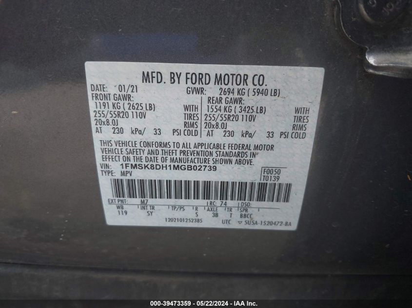 2021 Ford Explorer Xlt VIN: 1FMSK8DH1MGB02739 Lot: 39473359