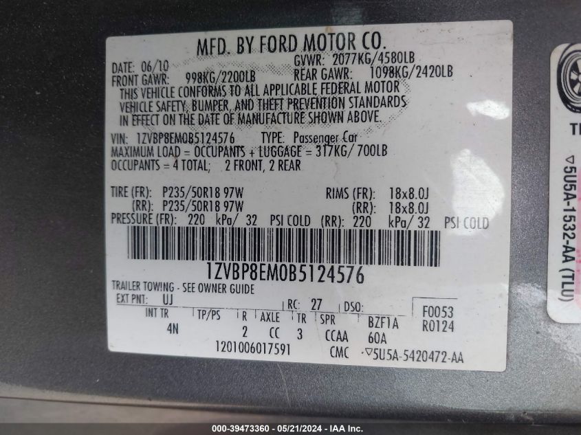 2011 Ford Mustang V6 Premium VIN: 1ZVBP8EM0B5124576 Lot: 39473360