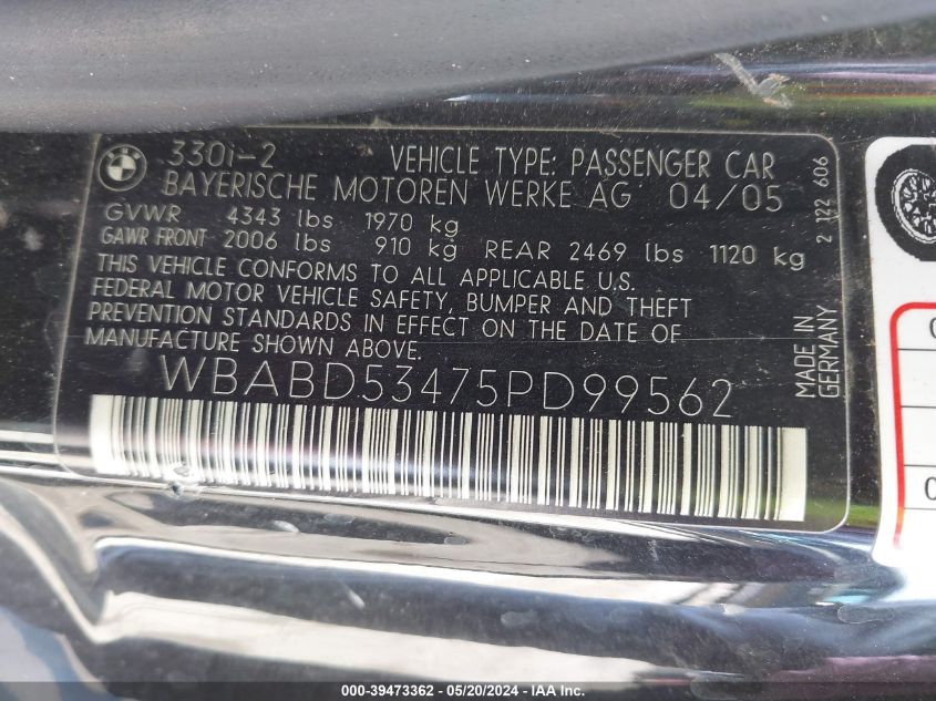 2005 BMW 330Ci VIN: WBABD53475PD99562 Lot: 39473362