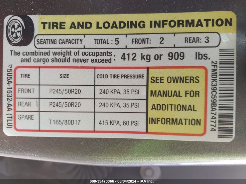 2009 Ford Edge Limited VIN: 2FMDK39C59BA74774 Lot: 39473366