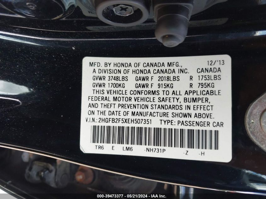 2014 Honda Civic Lx VIN: 2HGFB2F5XEH507351 Lot: 39473377