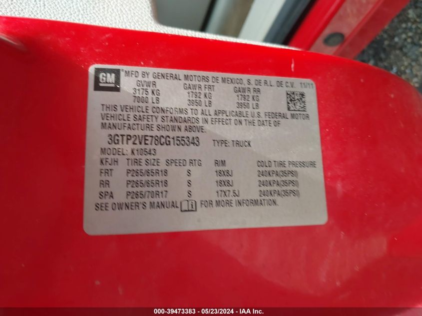 2012 GMC Sierra 1500 Sle VIN: 3GTP2VE78CG155343 Lot: 39473383