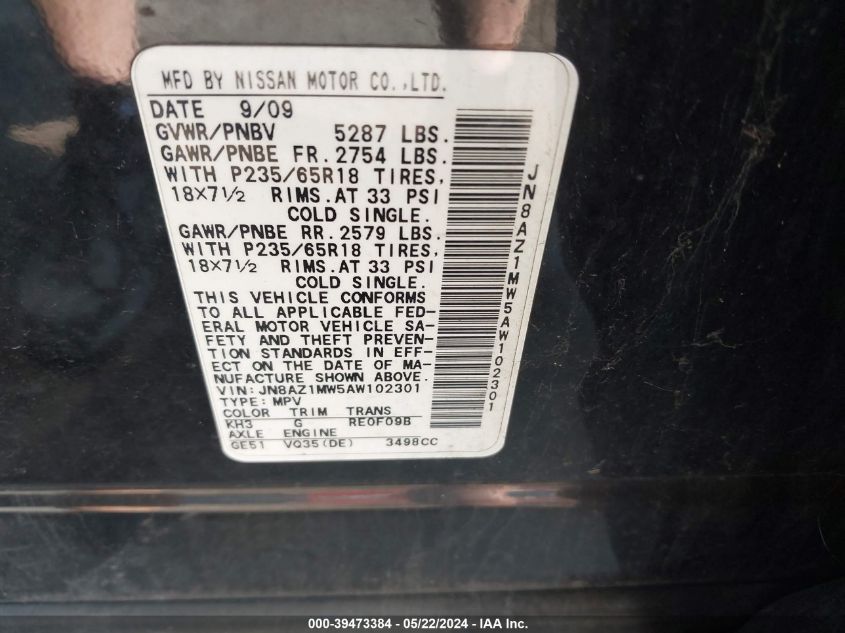 2010 Nissan Murano Sl VIN: JN8AZ1MW5AW102301 Lot: 39473384