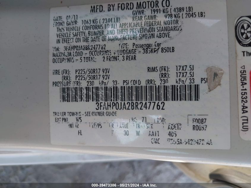 2011 Ford Fusion Sel VIN: 3FAHP0JA2BR247762 Lot: 39473386