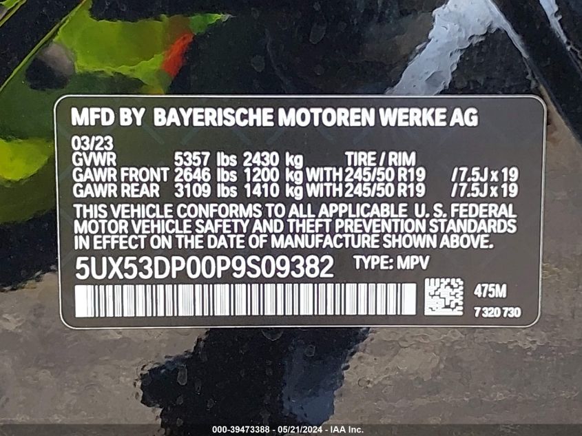 2023 BMW X3 xDrive30I VIN: 5UX53DP00P9S09382 Lot: 39473388