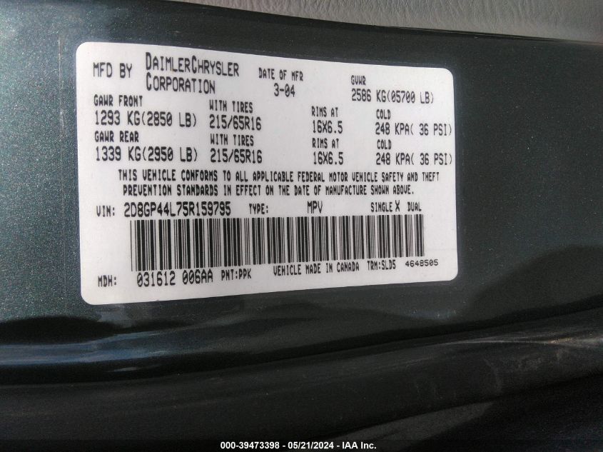 2005 Dodge Grand Caravan Sxt VIN: 2D8GP44L75R159795 Lot: 39473398