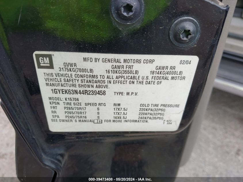 2004 Cadillac Escalade Standard VIN: 1GYEK63N44R239458 Lot: 39473408