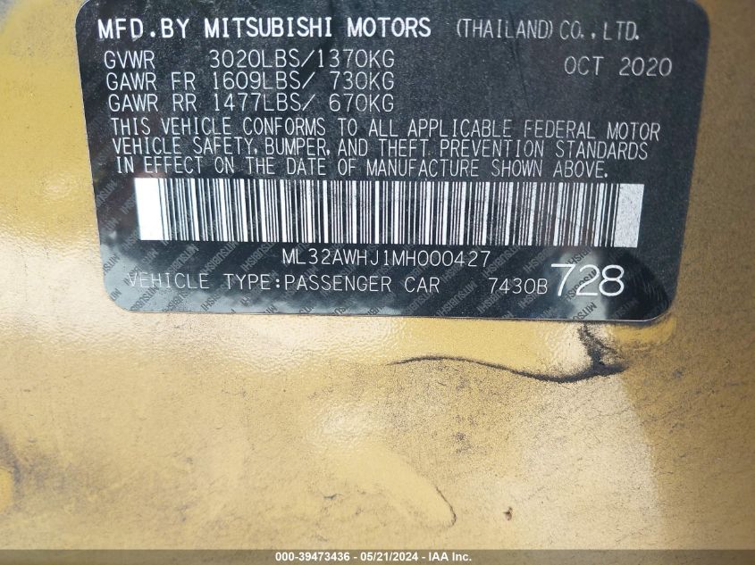 2021 Mitsubishi Mirage Se VIN: ML32AWHJ1MH000427 Lot: 39473436