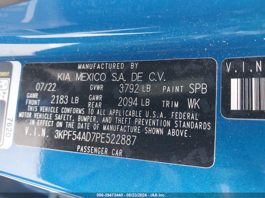 2023 Kia Forte Gt-Line VIN: 3KPF54AD7PE522887 Lot: 39473440