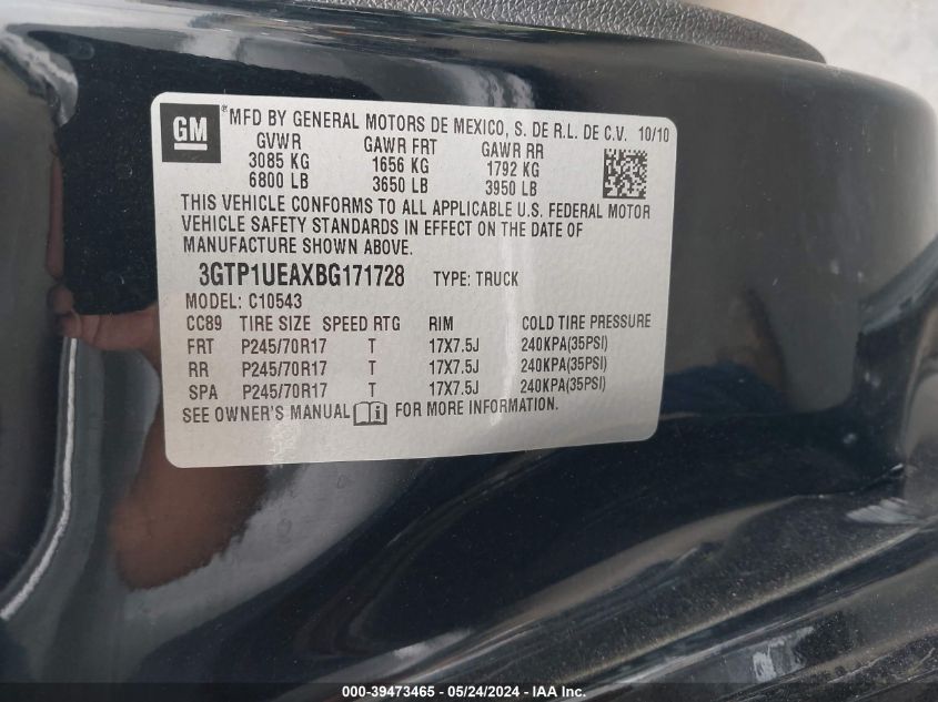 2011 GMC Sierra 1500 Sl VIN: 3GTP1UEAXBG171728 Lot: 39473465