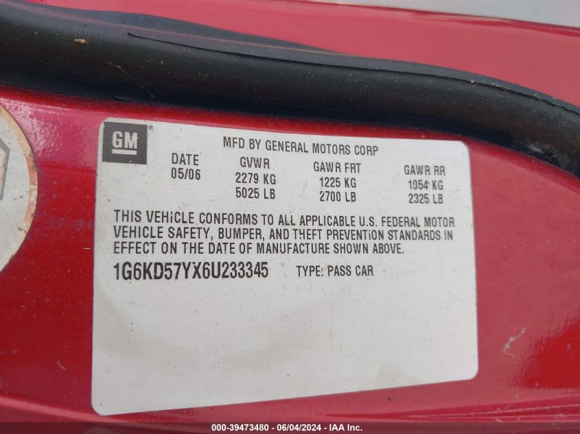 2006 Cadillac Dts Standard VIN: 1G6KD57YX6U233345 Lot: 39473480