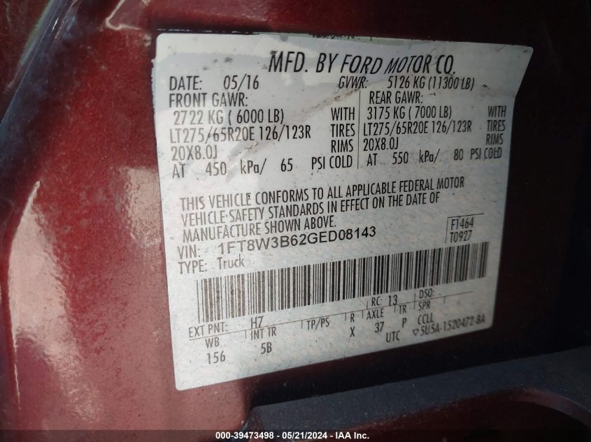 2016 Ford F-350 Lariat VIN: 1FT8W3B62GED08143 Lot: 39473498