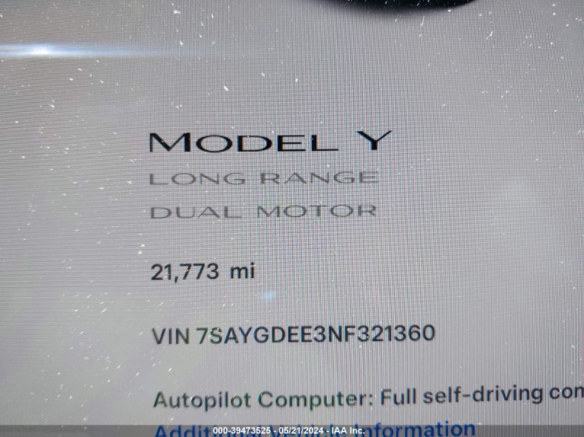 2022 Tesla Model Y Long Range Dual Motor All-Wheel Drive VIN: 7SAYGDEE3NF321360 Lot: 39473525