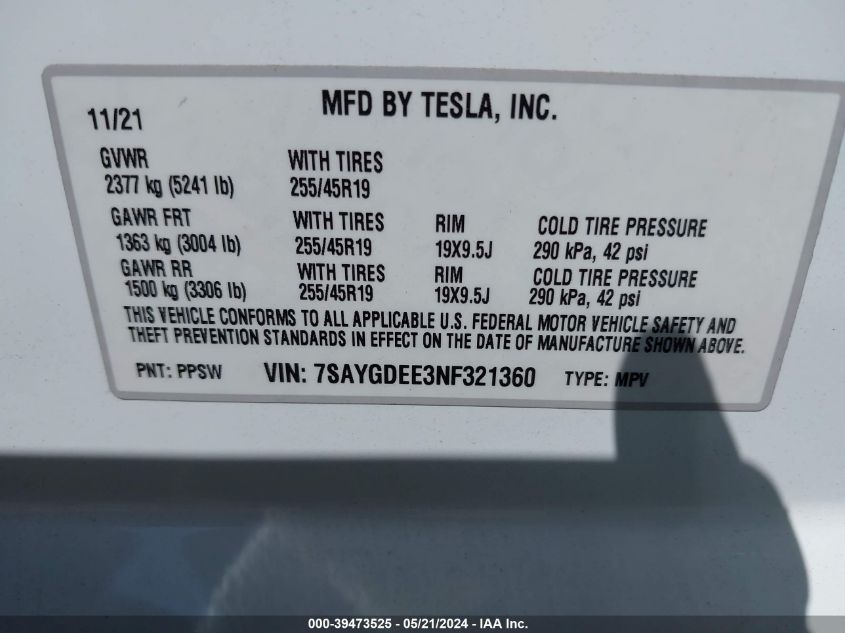 2022 Tesla Model Y Long Range Dual Motor All-Wheel Drive VIN: 7SAYGDEE3NF321360 Lot: 39473525