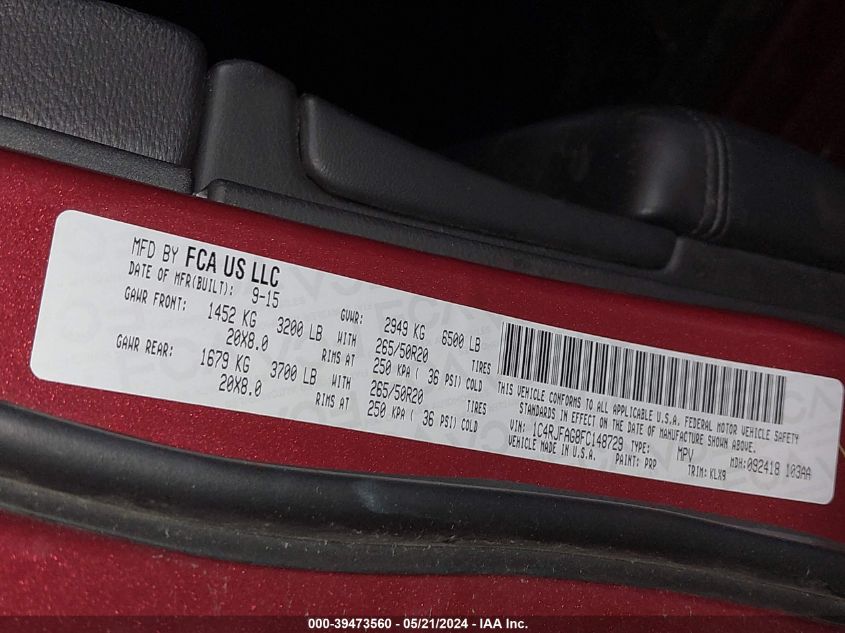 2015 Jeep Grand Cherokee Altitude VIN: 1C4RJFAG8FC148729 Lot: 39473560