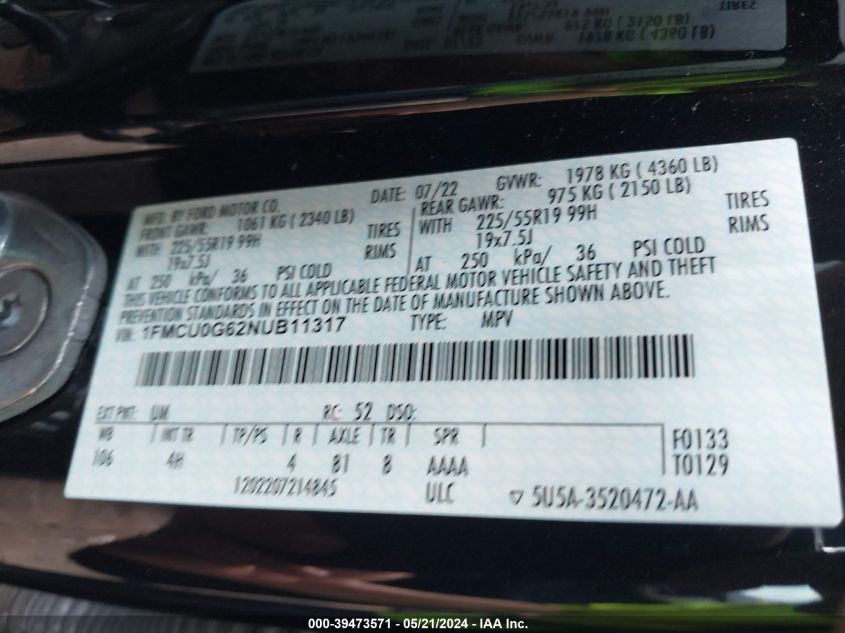 2022 Ford Escape Se VIN: 1FMCU0G62NUB11317 Lot: 39473571