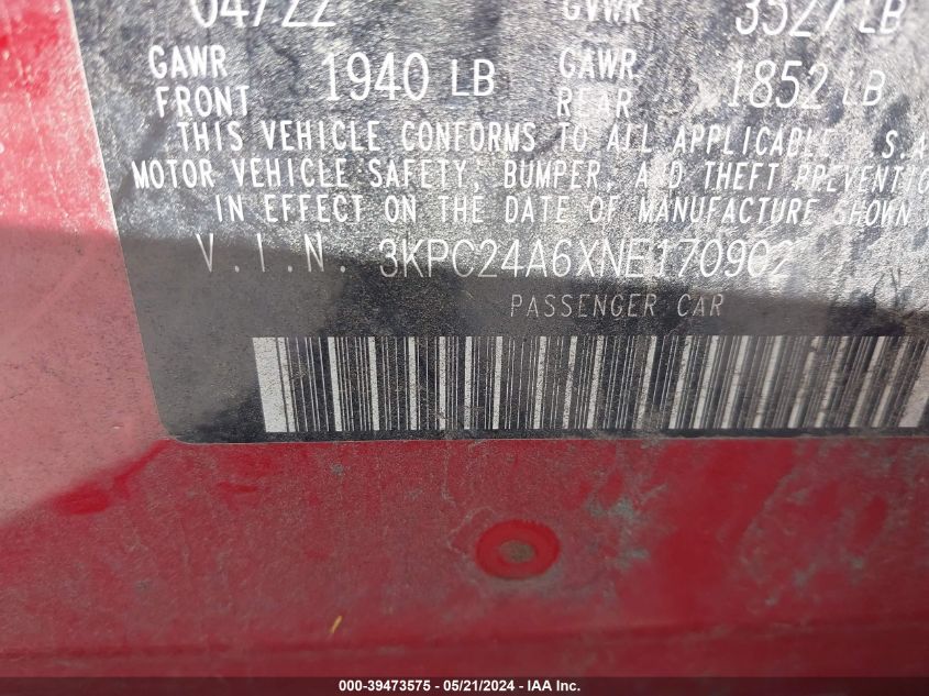 2022 Hyundai Accent Se VIN: 3KPC24A6XNE170902 Lot: 39473575