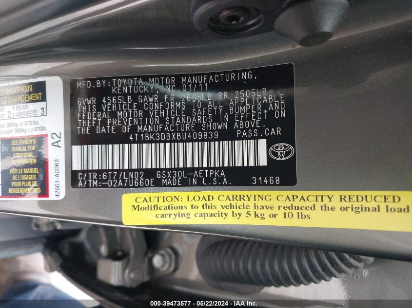 2011 Toyota Avalon Limited VIN: 4T1BK3DBXBU409839 Lot: 39473577