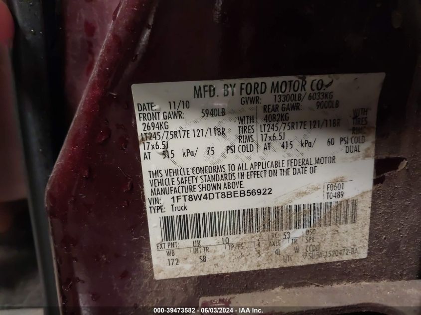 2011 Ford F-450 Lariat VIN: 1FT8W4DT8BEB56922 Lot: 39473582