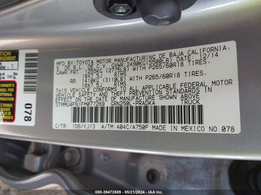 2015 Toyota Tacoma Base V6 VIN: 3TMMU4FN1FM077269 Lot: 39473589