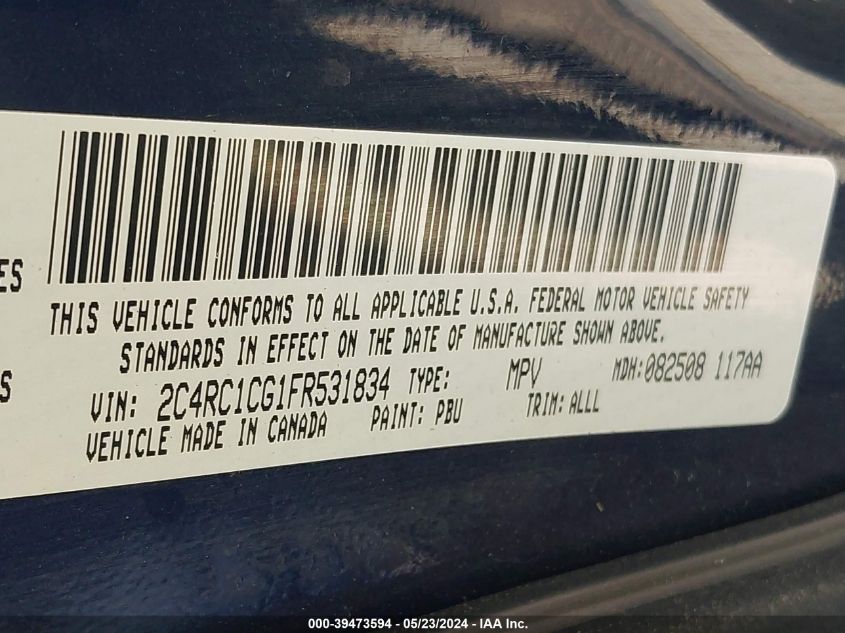 2015 Chrysler Town & Country Touring-L VIN: 2C4RC1CG1FR531834 Lot: 39473594