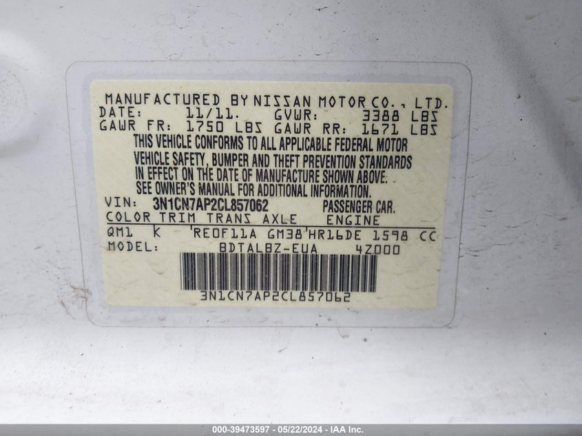 2012 Nissan Versa 1.6 Sv VIN: 3N1CN7AP2CL857062 Lot: 39473597