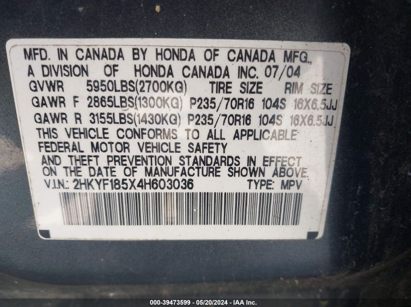 2004 Honda Pilot Ex-L VIN: 2HKYF185X4H603036 Lot: 39473599