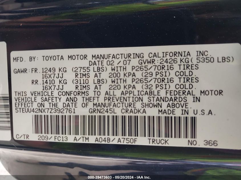 2007 Toyota Tacoma Base V6 VIN: 5TEUU42NX7Z392761 Lot: 39473603