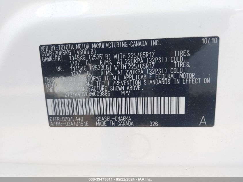 2011 Toyota Rav4 Limited V6 VIN: 2T3YK4DV0BW009886 Lot: 39473611