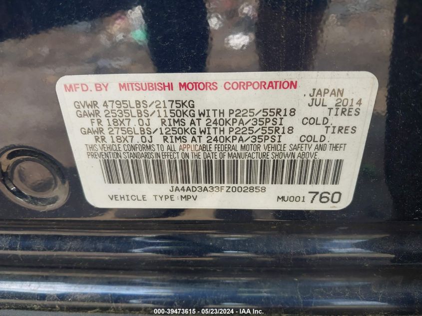 2015 Mitsubishi Outlander Se VIN: JA4AD3A33FZ002858 Lot: 39473615