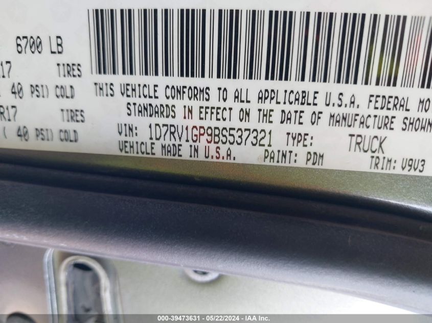 2011 Ram Ram 1500 St VIN: 1D7RV1GP9BS537321 Lot: 39473631