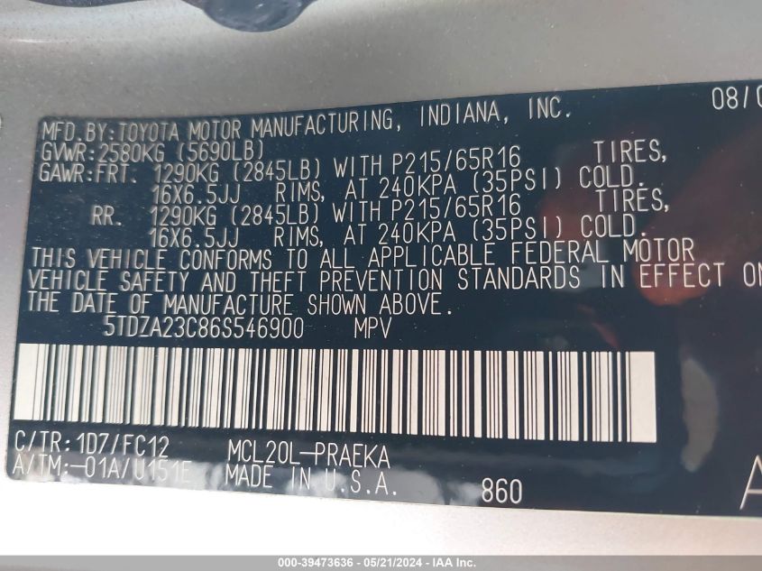 2006 Toyota Sienna Le VIN: 5TDZA23C86S546900 Lot: 39473636