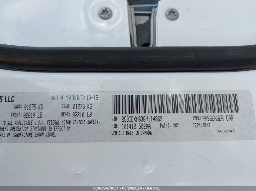 2016 Dodge Charger Sxt VIN: 2C3CDXHG3GH114869 Lot: 39473651