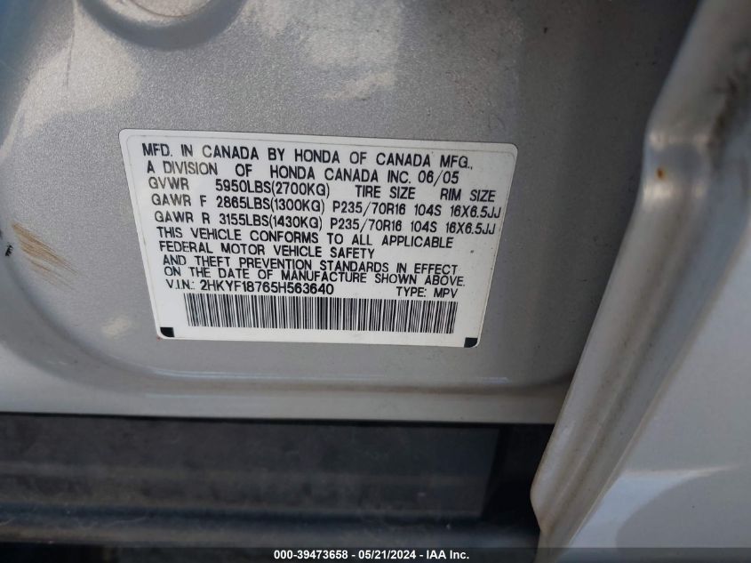 2005 Honda Pilot Ex-L VIN: 2HKYF18765H563640 Lot: 39473658