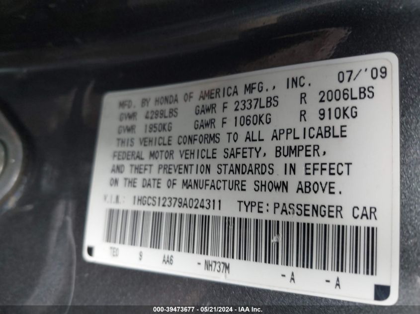 2009 Honda Accord 2.4 Lx-S VIN: 1HGCS12379A024311 Lot: 39473677