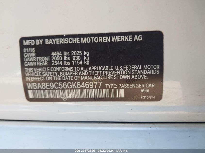 2016 BMW 328I VIN: WBA8E9C56GK646977 Lot: 39473690