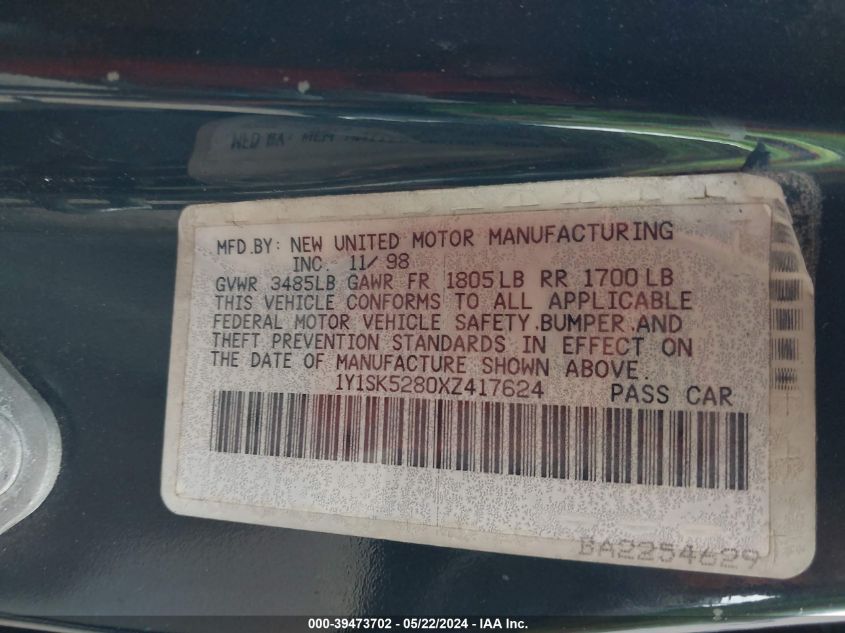 1999 Chevrolet Prizm VIN: 1Y1SK5280XZ417624 Lot: 39473702