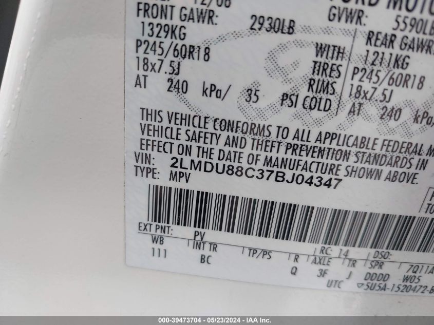 2007 Lincoln Mkx VIN: 2LMDU88C37BJ04347 Lot: 39473704
