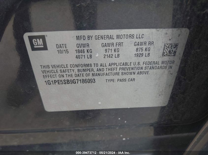 2016 Chevrolet Cruze Limited 1Lt Auto VIN: 1G1PE5SB9G7186093 Lot: 39473712