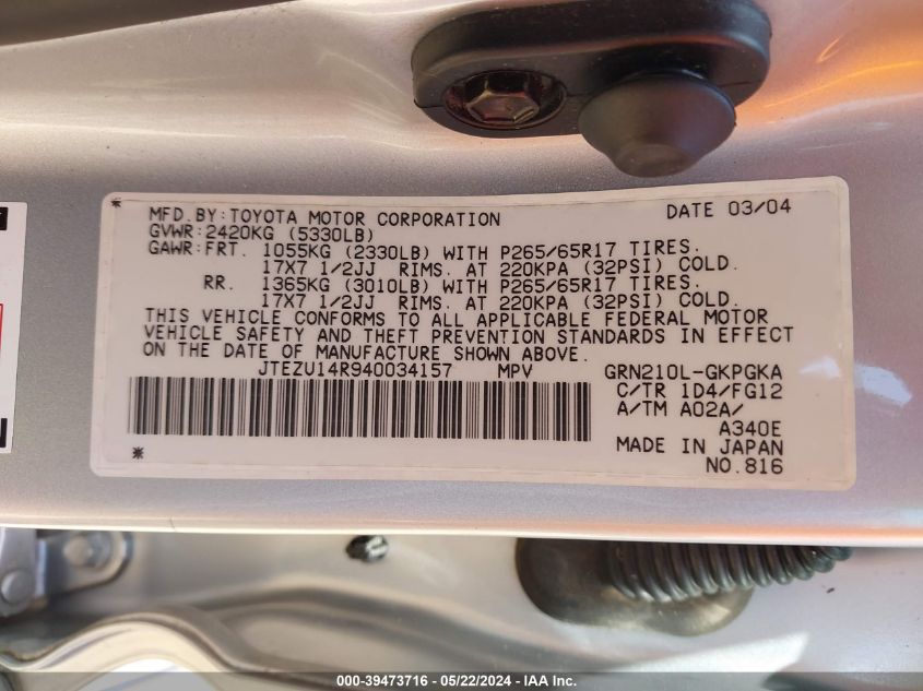 2004 Toyota 4Runner Sr5 V6 VIN: JTEZU14R940034157 Lot: 39473716