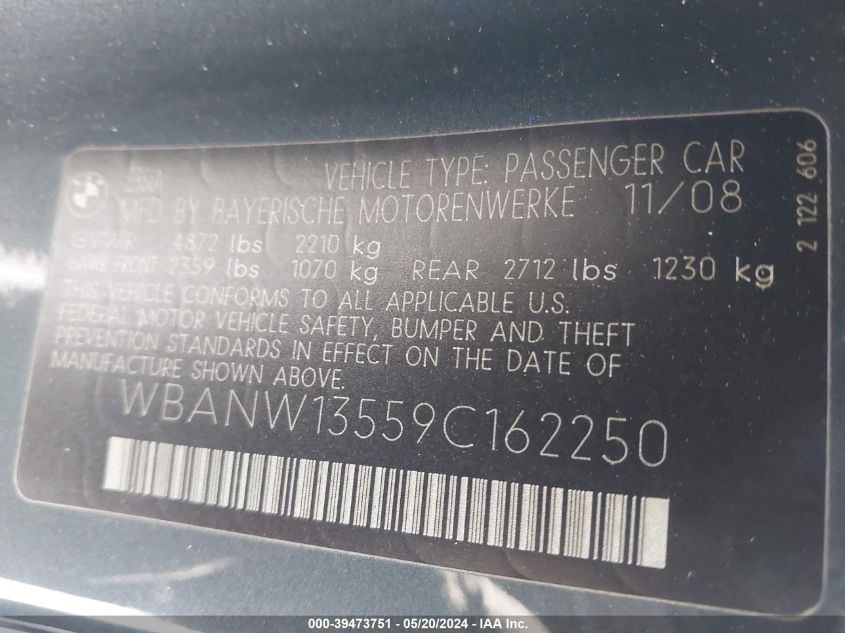 2009 BMW 535I VIN: WBANW13559C162250 Lot: 39473751